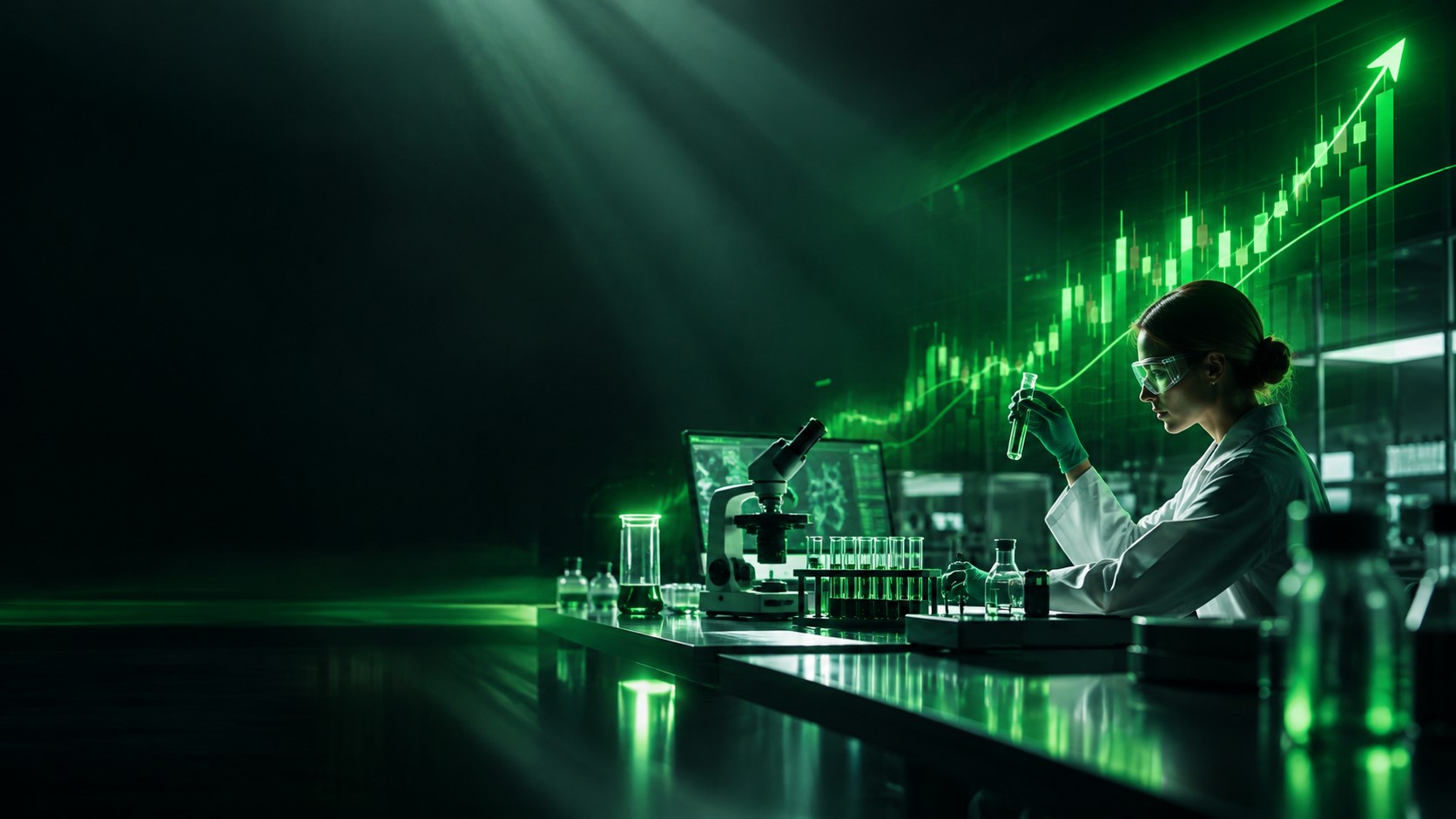 Clean laboratory scene blended with an upward stock chart